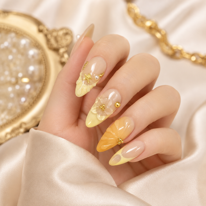 AMBERÉA Vanilla Floral Press On Nails | Luxury 3D Flower Gel False Nails