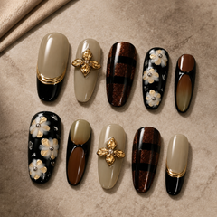 AMBERÉA Dark Mocha Press On Nails | Luxury Brown Floral Gel False Nails