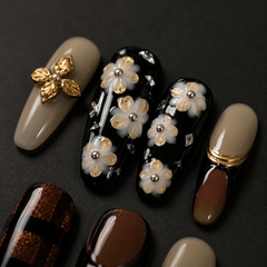 AMBERÉA Dark Mocha Press On Nails | Luxury Brown Floral Gel False Nails
