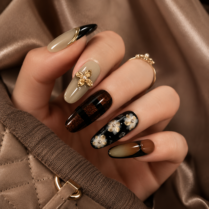 AMBERÉA Dark Mocha Press On Nails | Luxury Brown Floral Gel False Nails