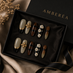 AMBERÉA Dark Mocha Press On Nails | Luxury Brown Floral Gel False Nails