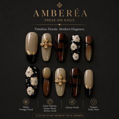 AMBERÉA Dark Mocha Press On Nails | Luxury Brown Floral Gel False Nails