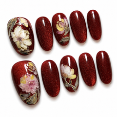 Burgundy Red Glitter Press On Nails | Luxury Floral Gel False Nails – AMBERÉA