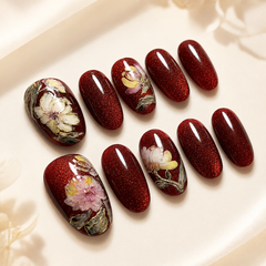 Burgundy Red Glitter Press On Nails | Luxury Floral Gel False Nails – AMBERÉA