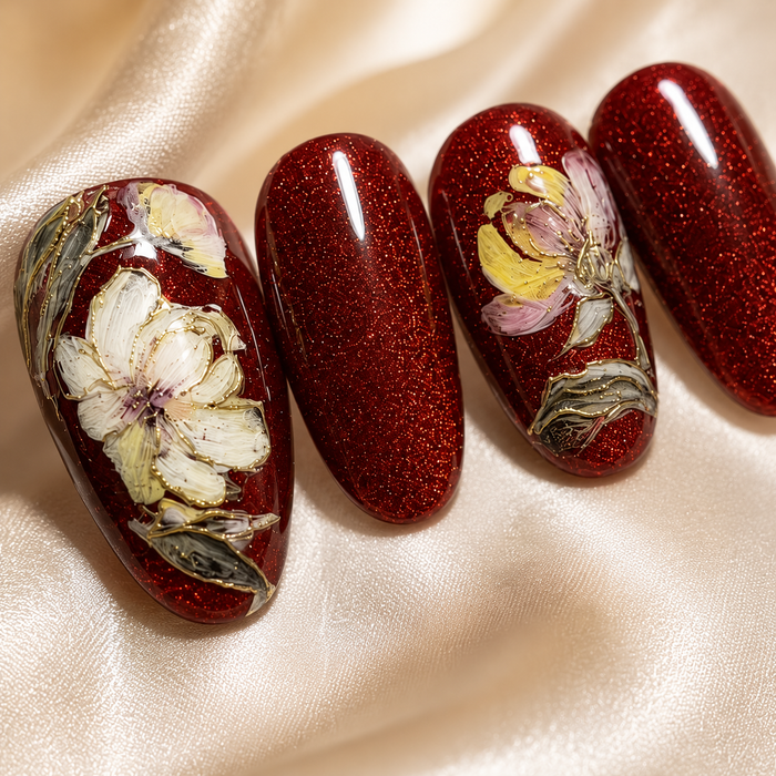 Burgundy Red Glitter Press On Nails | Luxury Floral Gel False Nails – AMBERÉA