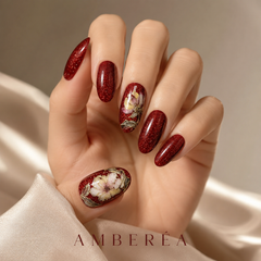 Burgundy Red Glitter Press On Nails | Luxury Floral Gel False Nails – AMBERÉA