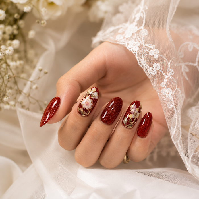 Burgundy Red Glitter Press On Nails | Luxury Floral Gel False Nails – AMBERÉA