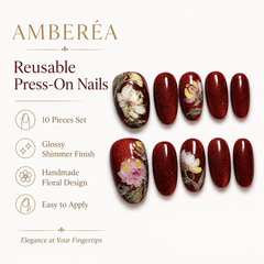 Burgundy Red Glitter Press On Nails | Luxury Floral Gel False Nails – AMBERÉA