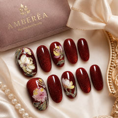 Burgundy Red Glitter Press On Nails | Luxury Floral Gel False Nails – AMBERÉA