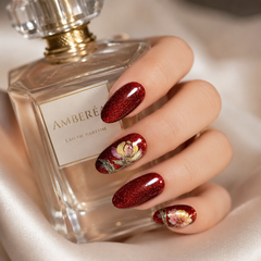 Burgundy Red Glitter Press On Nails | Luxury Floral Gel False Nails – AMBERÉA