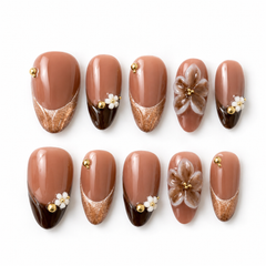 Luxury Nude Brown Press On Nails | Mocha Floral Gel False Nails – AMBERÉA