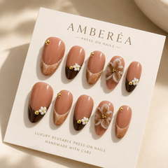Luxury Nude Brown Press On Nails | Mocha Floral Gel False Nails – AMBERÉA