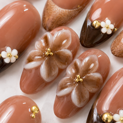 Luxury Nude Brown Press On Nails | Mocha Floral Gel False Nails – AMBERÉA