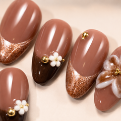 Luxury Nude Brown Press On Nails | Mocha Floral Gel False Nails – AMBERÉA