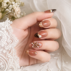 Luxury Nude Brown Press On Nails | Mocha Floral Gel False Nails – AMBERÉA