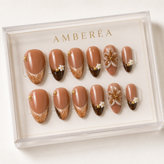 Luxury Nude Brown Press On Nails | Mocha Floral Gel False Nails – AMBERÉA