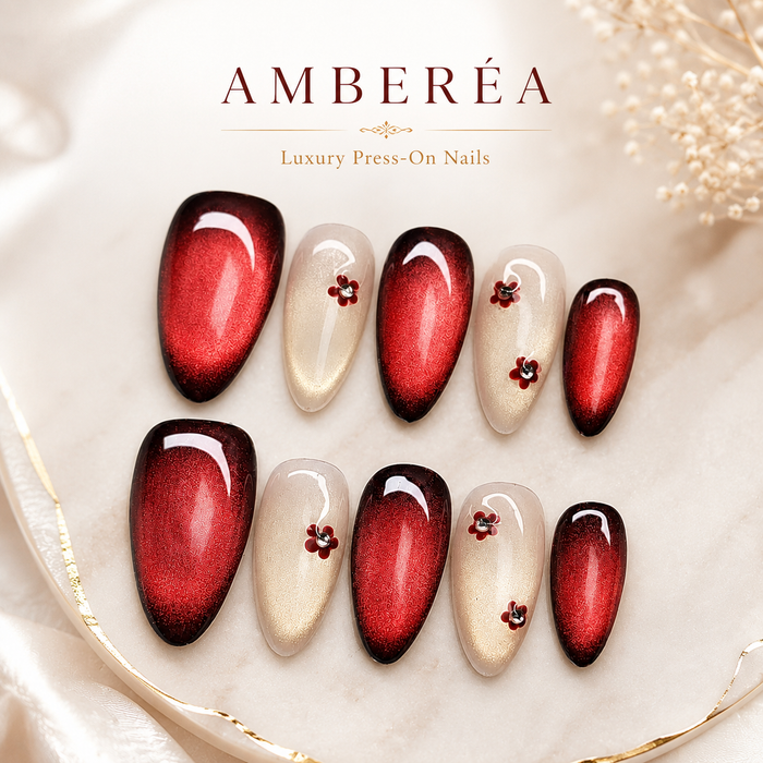 Ruby Red Cat Eye Press On Nails | Luxury Burgundy Gel False Nails – AMBERÉA
