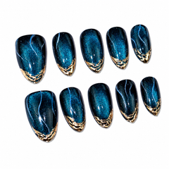 Blue Cat Eye Press On Nails | Luxury Sapphire Magnetic Gel Nails – AMBERÉA