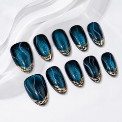 Blue Cat Eye Press On Nails | Luxury Sapphire Magnetic Gel Nails – AMBERÉA
