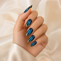 Blue Cat Eye Press On Nails | Luxury Sapphire Magnetic Gel Nails – AMBERÉA