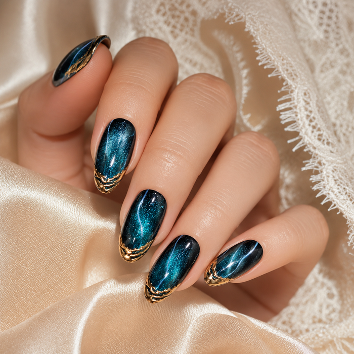 Blue Cat Eye Press On Nails | Luxury Sapphire Magnetic Gel Nails – AMBERÉA