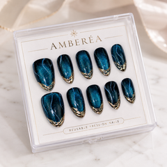 Blue Cat Eye Press On Nails | Luxury Sapphire Magnetic Gel Nails – AMBERÉA