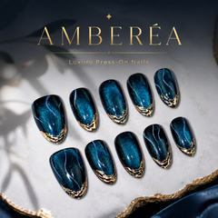 Blue Cat Eye Press On Nails | Luxury Sapphire Magnetic Gel Nails – AMBERÉA