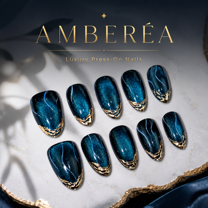 Blue Cat Eye Press On Nails | Luxury Sapphire Magnetic Gel Nails – AMBERÉA