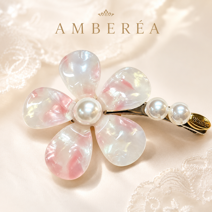 Pink Iridescent Flower Hair Clip | Pearl Bridal Barrette – AMBERÉA