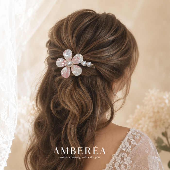 Pink Iridescent Flower Hair Clip | Pearl Bridal Barrette – AMBERÉA