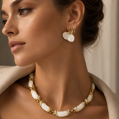 White Gold Necklace and Earrings Set | Mother of Pearl Style Jewelry for Women