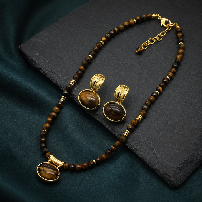 Tiger Eye Jewelry Set | Gold Necklace and Earrings Set for Women