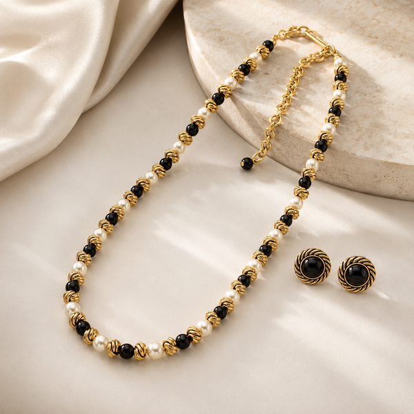 Black White Pearl Jewelry Set | Gold Necklace and Earrings Set for Women