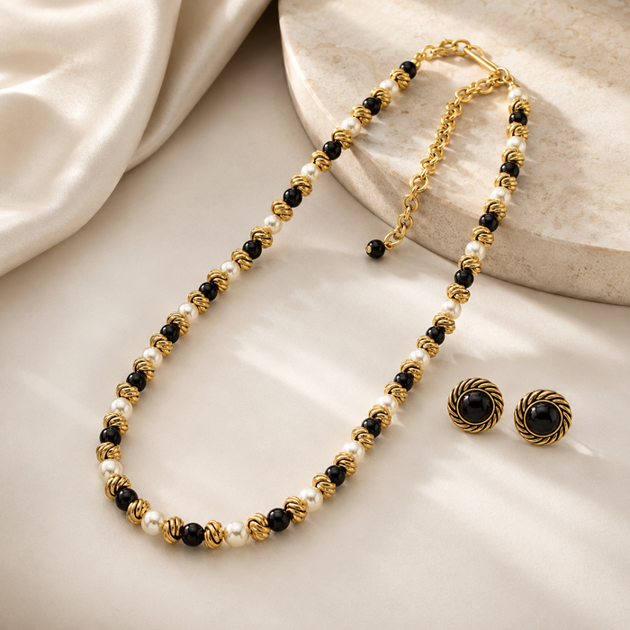 Black White Pearl Jewelry Set | Gold Necklace and Earrings Set for Women
