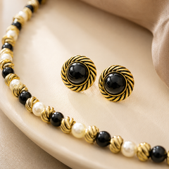 Black White Pearl Jewelry Set | Gold Necklace and Earrings Set for Women