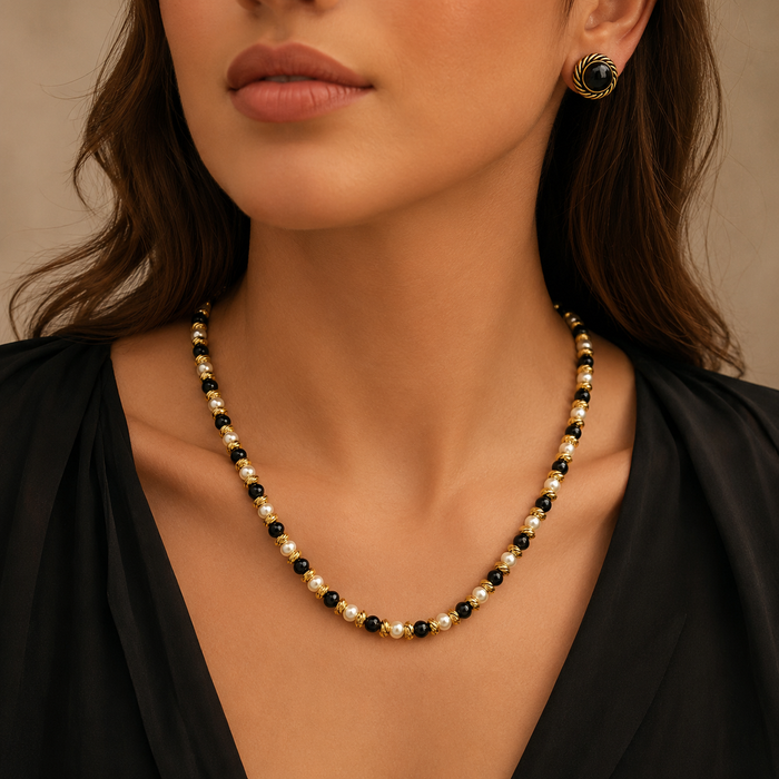 Black White Pearl Jewelry Set | Gold Necklace and Earrings Set for Women