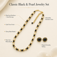 Black White Pearl Jewelry Set | Gold Necklace and Earrings Set for Women