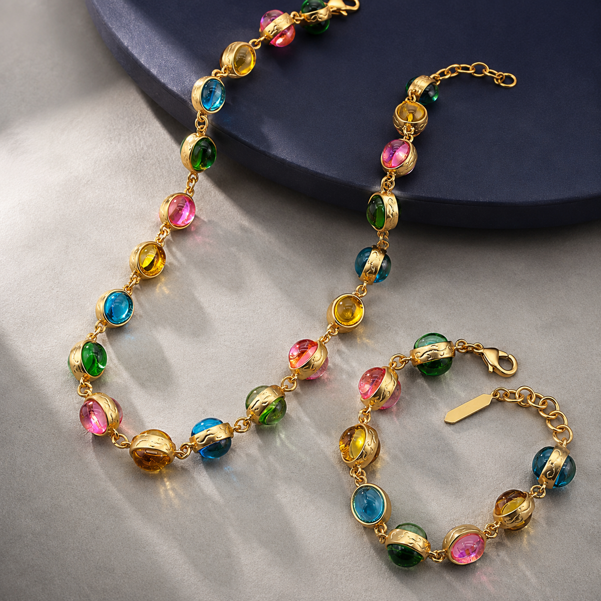 Colorful Gemstone Necklace and Bracelet Set | Gold Rainbow Jewelry for Women