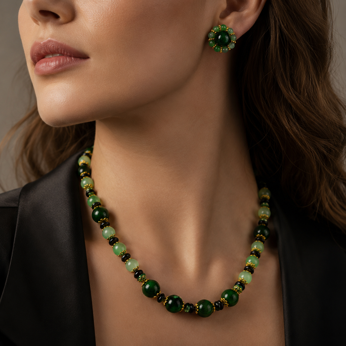 Green Jade Jewelry Set | Beaded Necklace and Earrings Set for Women