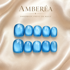 Sky Blue Cat Eye Press On Nails – Handmade Glossy Reusable Fake Nails