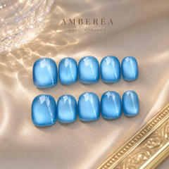Sky Blue Cat Eye Press On Nails – Handmade Glossy Reusable Fake Nails