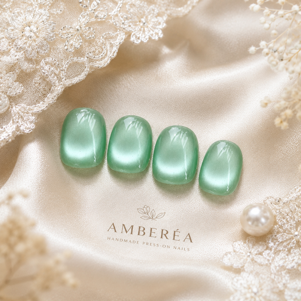 Green Cat Eye Press On Nails | Handmade Reusable Press-On Nails by AMBERÉA