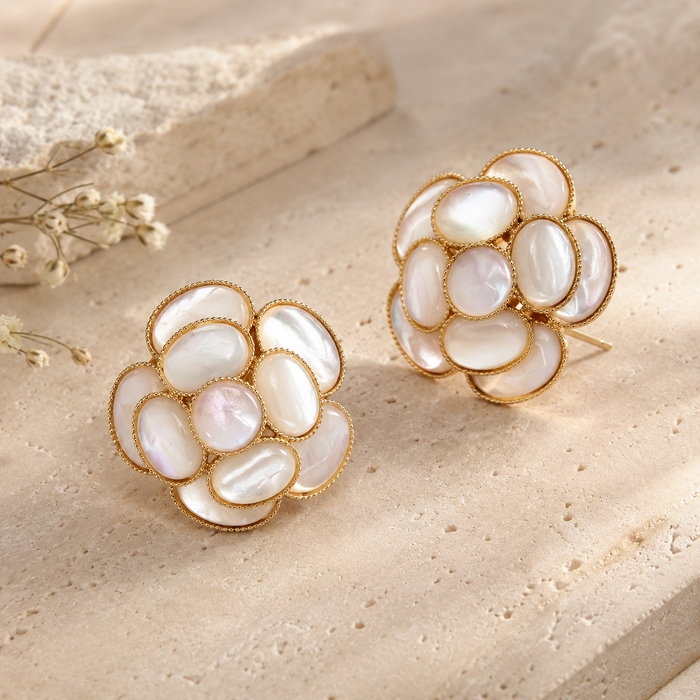 Mother of Pearl Flower Earrings | White Shell Gold Floral Earrings for Women