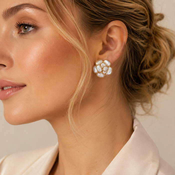Mother of Pearl Flower Earrings | White Shell Gold Floral Earrings for Women