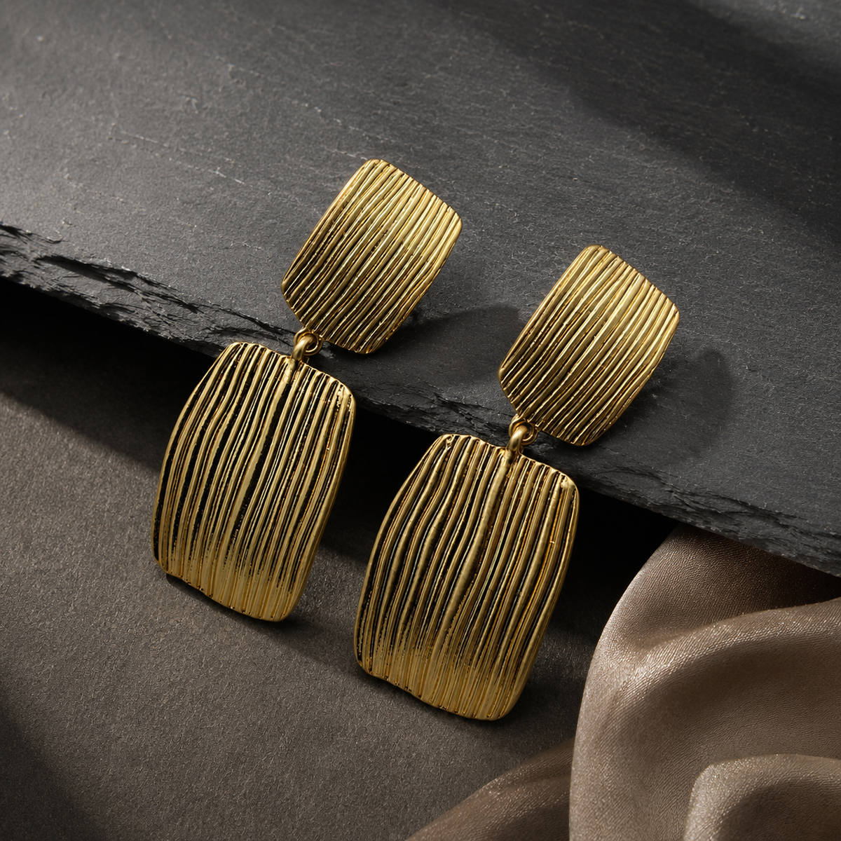 Gold Textured Drop Earrings | Vintage Geometric Statement Earrings for Women