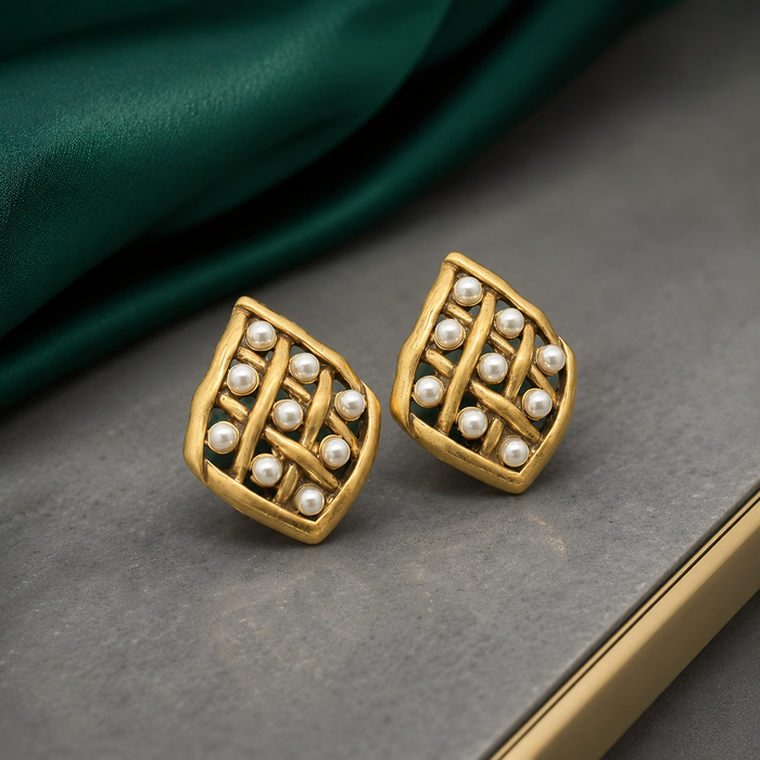 Vintage Gold Pearl Earrings | Geometric Statement Stud Earrings for Women