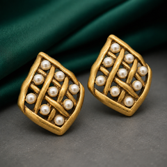 Vintage Gold Pearl Earrings | Geometric Statement Stud Earrings for Women