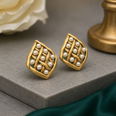 Vintage Gold Pearl Earrings | Geometric Statement Stud Earrings for Women