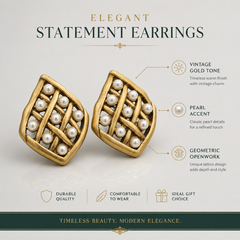 Vintage Gold Pearl Earrings | Geometric Statement Stud Earrings for Women