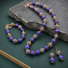 Purple Beaded Jewelry Set | Floral Necklace Bracelet Earrings Set for Women